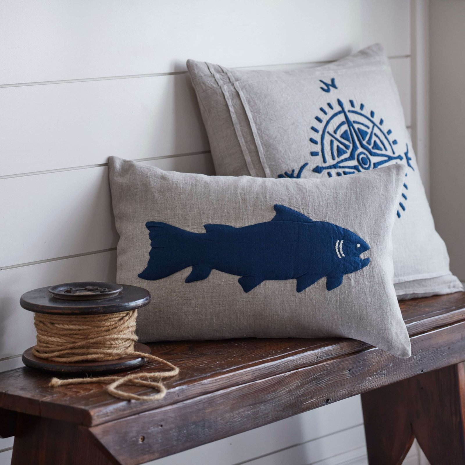 Fish Indigo on Natural Linen Boudoir Pillow