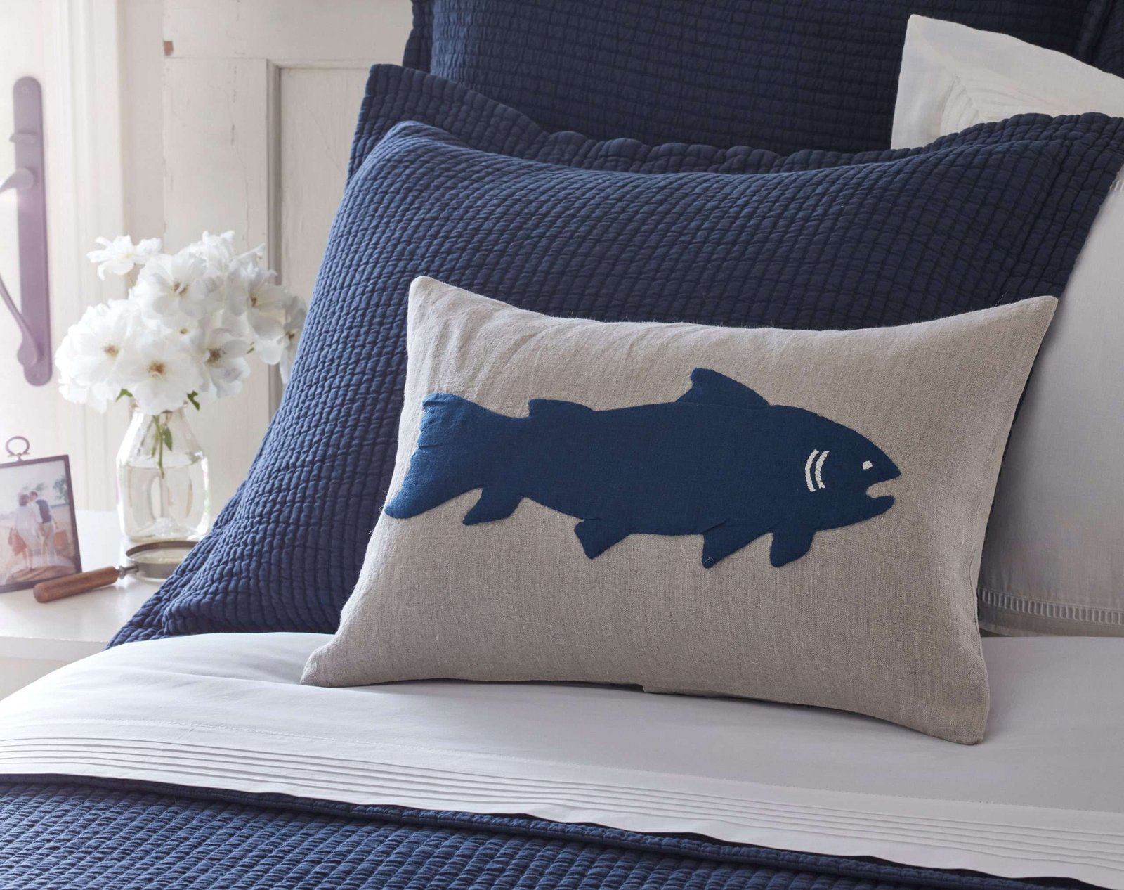 Fish Indigo on Natural Linen Boudoir Pillow - Image 2