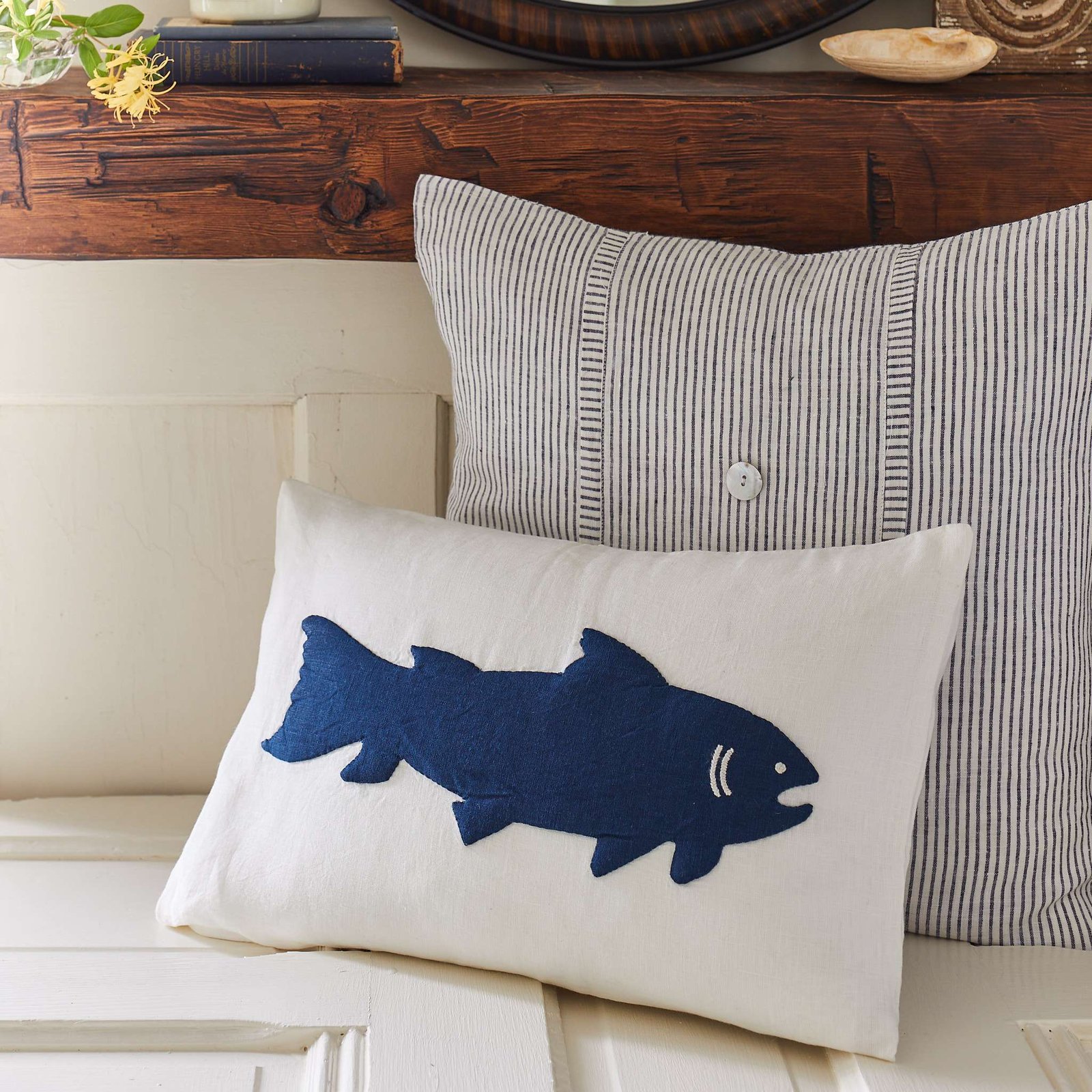 Fish Indigo on White Linen Boudoir Pillow